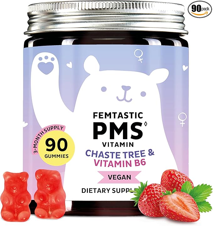 PMS Support Supplement for Women. Menstrual Relief Gummies to Target Hormonal Breakouts, Bloating, Period Cramps, & Mood Swings. Vegan, with Vitamin B6 & Lemon Balm, 90 Gummies