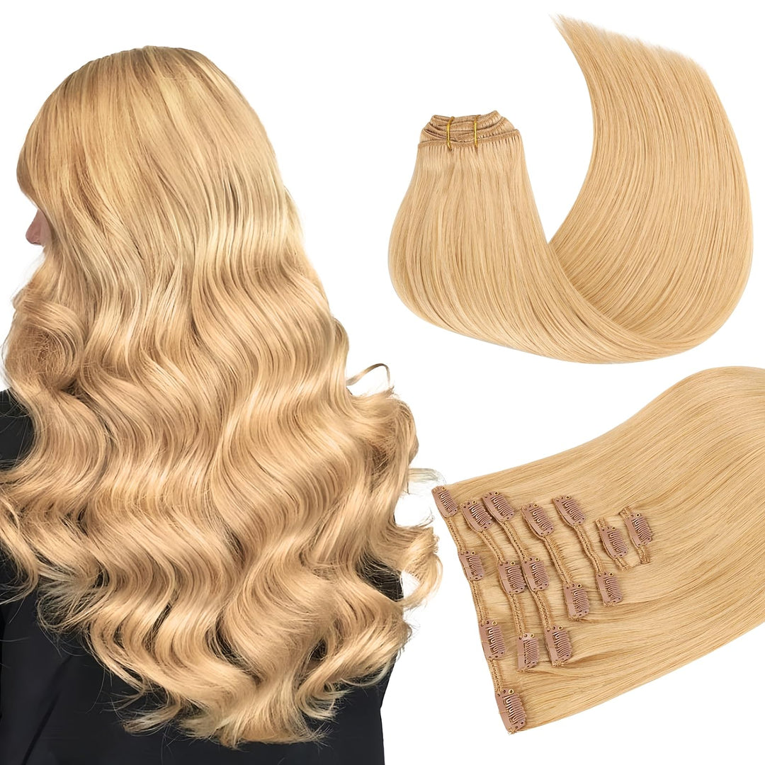 Maxita Hair Extensions Clip In Human Hair, 7Pcs 120G Light Blonde 20 Inch,Clip In Hair Extensions Real Human Hair Extensions Nat