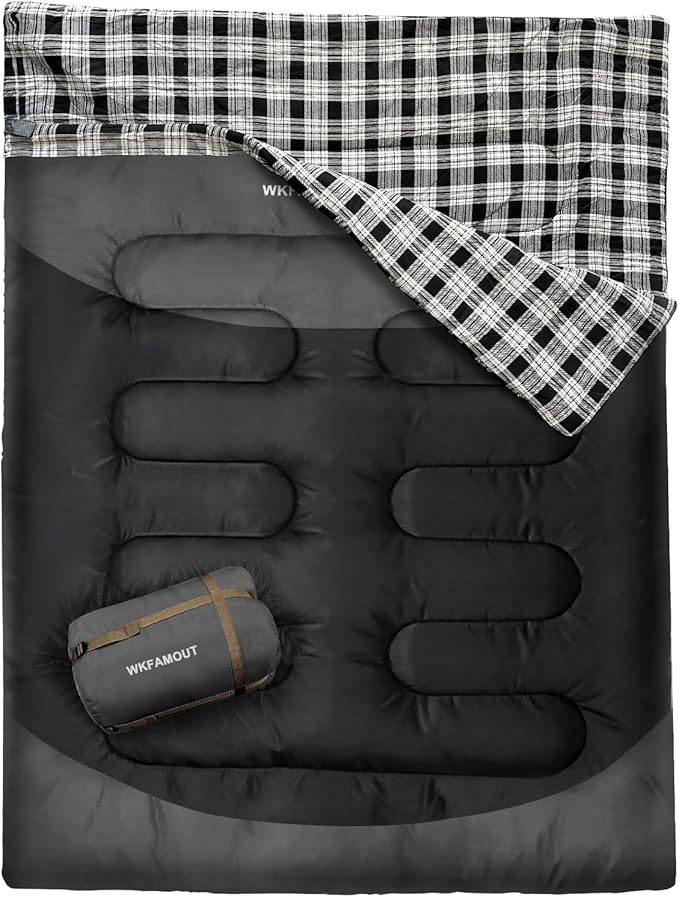Cotton Flannel Double Sleeping Bag for Adults Machine Washable 2 Person Camping Sleeping Bag Queen Size Waterproof with Compression Sack for Cold Weather 3-4 Seasons