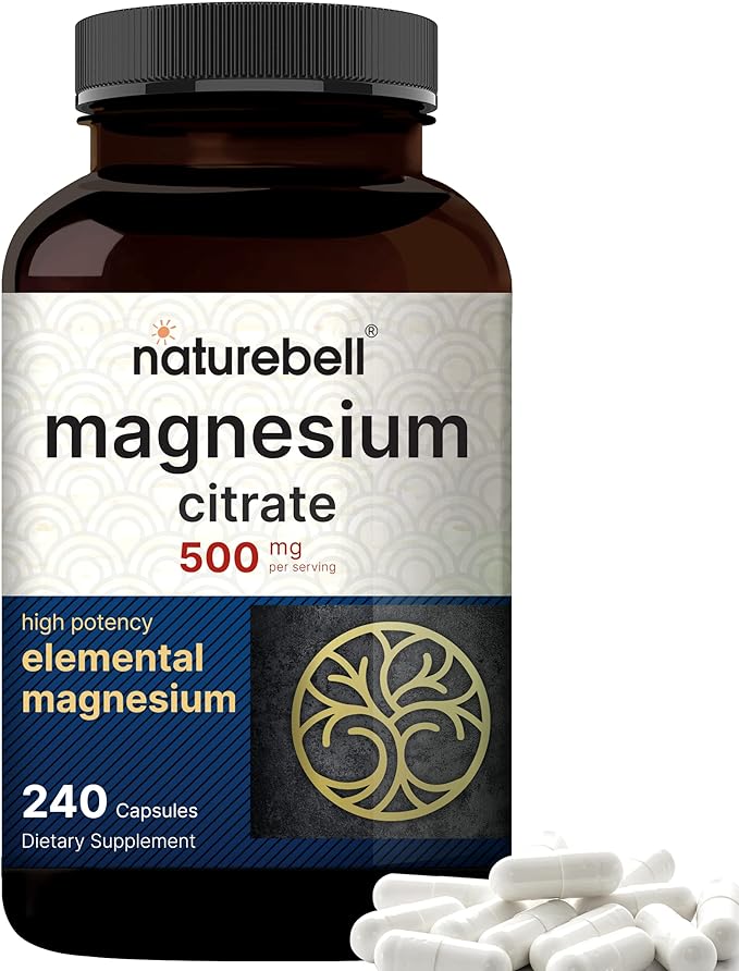 NatureBell Magnesium Citrate 500mg, 240 Capsules | High Purity Elemental Form – Extra Strength | Essential Mineral for Heart, Muscle, & Digestion Support – Non-GMO & No Gluten