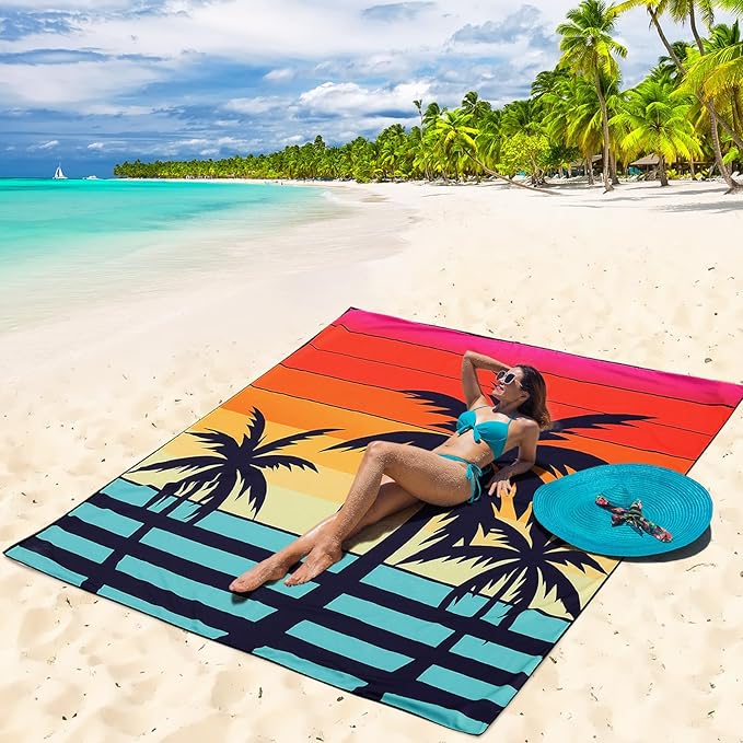 Beach Blanket Waterproof Sandproof Beach Mat 79”x 83” for 1-4 Adults Quick Drying Durable Outdoor Picnic Mat for Beach Festival Travel Camping Hiking (Sunset COCOTREE, 79"×83"(4 Person))