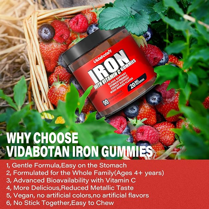 Sugar Free Iron Gummies for Women Men & Kids-Iron Supplement 20mg with Vitamin C for Iron Deficiency, No Rust Taste, Gentle Iron for Stomach, Mixed Berries Flavor, 90 Vegan Gummies.