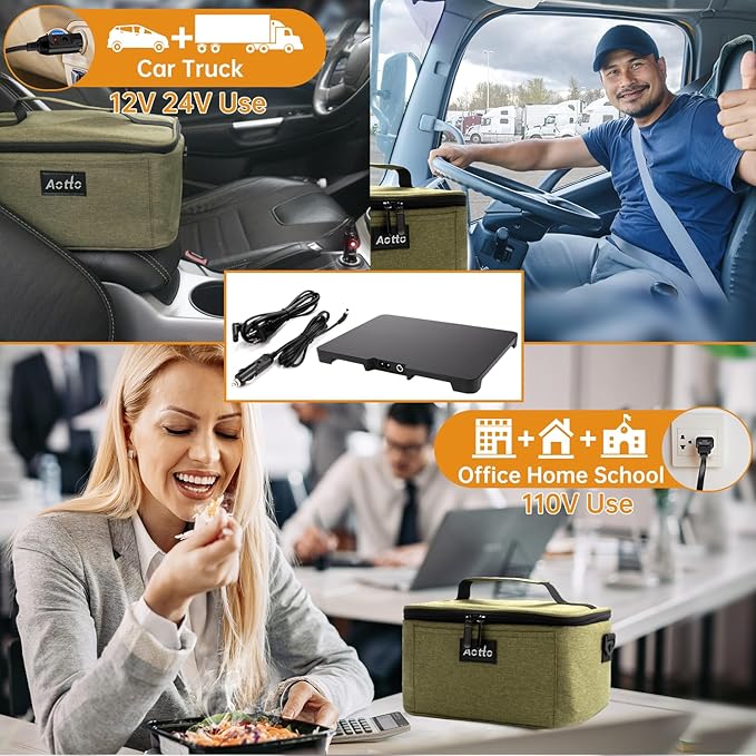Aotto Portable Oven, Electric Lunch Box Food Heater - 12V/24V/110V 3-in-1 Car Food Warmer - Heated Lunch Box for Adults - Cook, Reheat & Keep Meals Warm for Car, Truck, Travel, Work, Home - Green