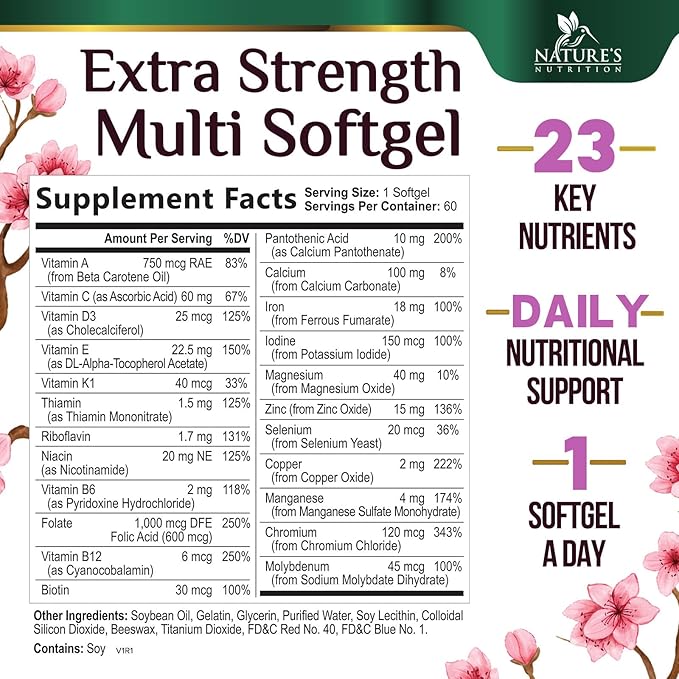 Multivitamin for Women with Iron, Calcium, Zinc, Vitamin A, C, D, E, & B Vitamins for Bone, Skin & Immune Health Support, Nature's Daily Womens Multivitamins for Women's Energy & Health, 60 Softgels