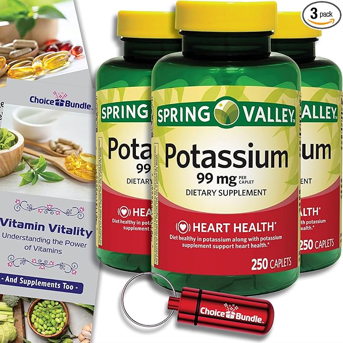 Spring Valley Potassium Heart Health Dietary Supplement Caplets 99 mg 250 CT 3 pk (750 Total) + “Vitamin Vitality” Guide & Keychain Pill Container (5 Items)!
