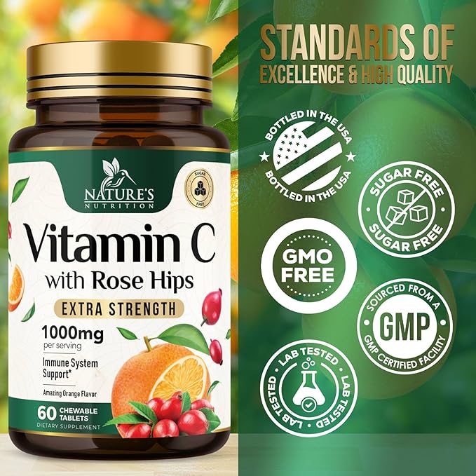 Chewable Vitamin C 1000mg - Extra Strength Antioxidants for Powerful Immune Support w/Vitamin C & Rose HIPS - Potent Dietary VIT C Chews Supplement, Natural, Vegan, Gluten-Free, Non-GMO - 60 Tablets