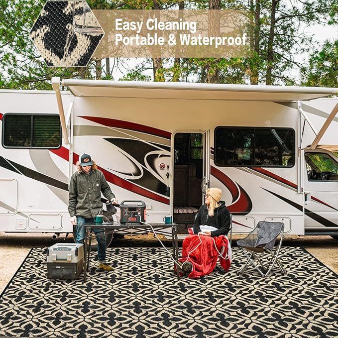 Outdoor Rug for Patios Clearance,Waterproof Mat,Large Outside Carpet,Reversible Plastic Straw Camping Rugs,Rv,Porch,Deck,Camper,Balcony,Backyard (5x8,Clover A/Black&Beige)