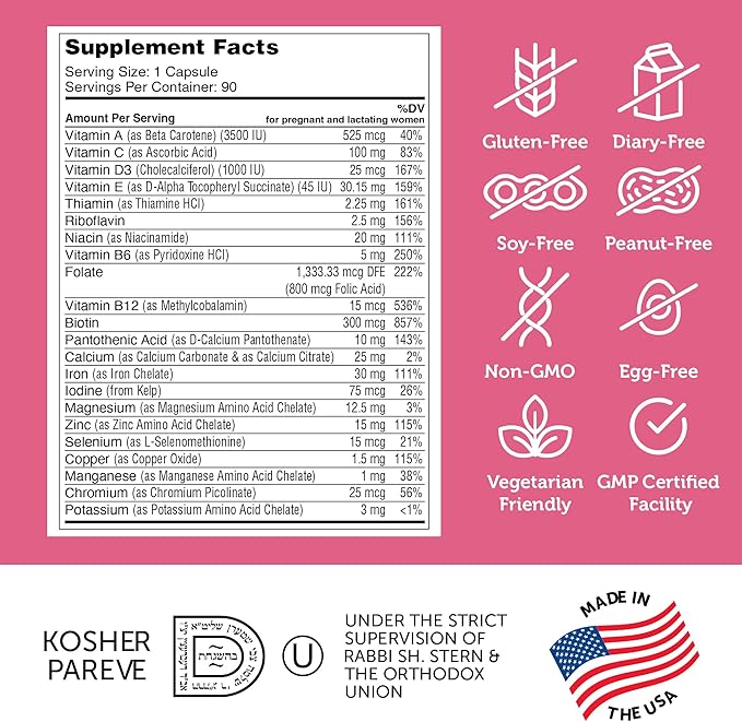 Zahler - Total One Prenatal Vitamins for Women (90 Count) Daily Multi Vitamin Prenatals with Folic Acid, Iron, Zinc & 19 Other Essential Vitamins & Minerals - Kosher Pre Natal Multivitamin Capsules