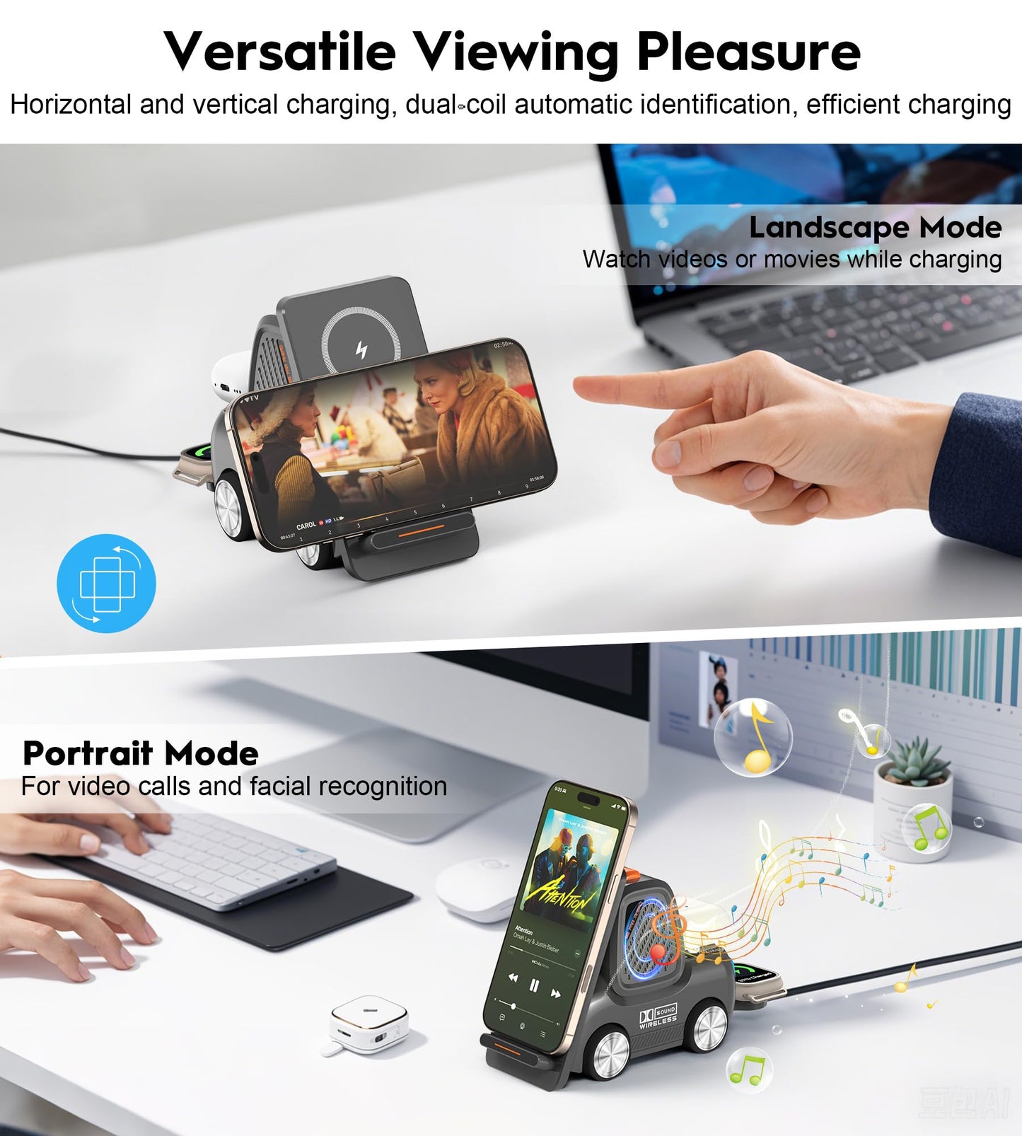 Forklift Wireless Charging Station with Bluetooth Speaker, 4 in 1 Wireless Fast Charger Multiple Devices, Compatible with iPhone16 15 14 13 Pro Max Series, Apple iWatch, Airpods, Android Phones