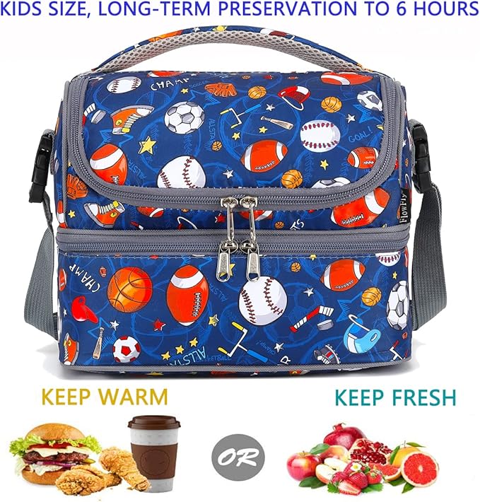 FlowFly Double Decker Cooler Insulated Lunch Bag Large Tote for Boys, Girls, Men, Women, With Adjustable Strap, Football