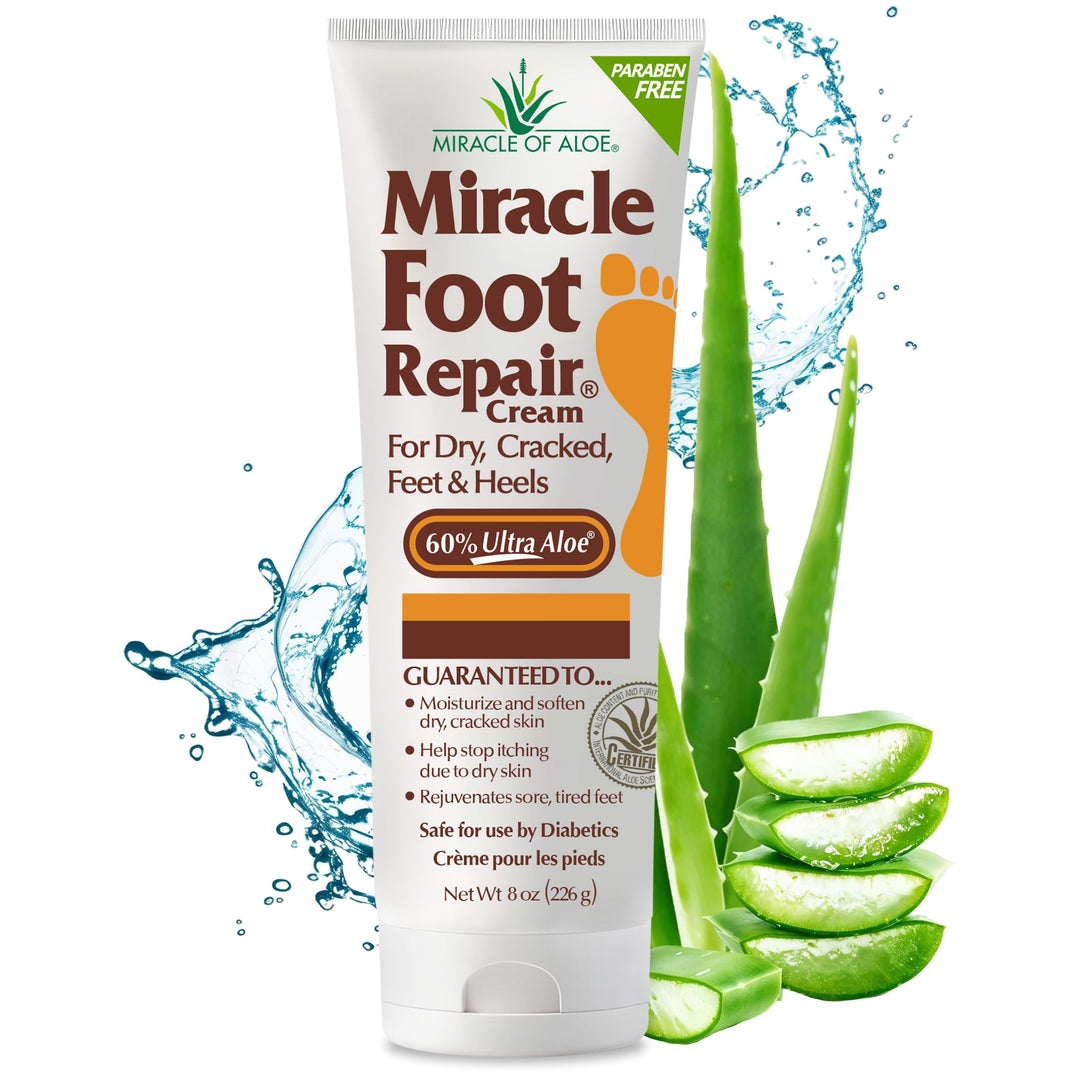 Miracle Foot Repair Cream (8 oz) Repairs Dry Cracked Heels and Feet, 60% Pure UltraAloe Moisturizes, Softens, and Repairs