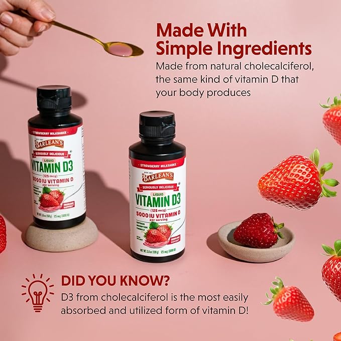 Barlean's Liquid Vitamin D, 5000 IU D3, Strawberry Milkshake Flavored for Kids and Adults, Maximum Absorption, Non-GMO, Gluten-Free - 5.6 oz