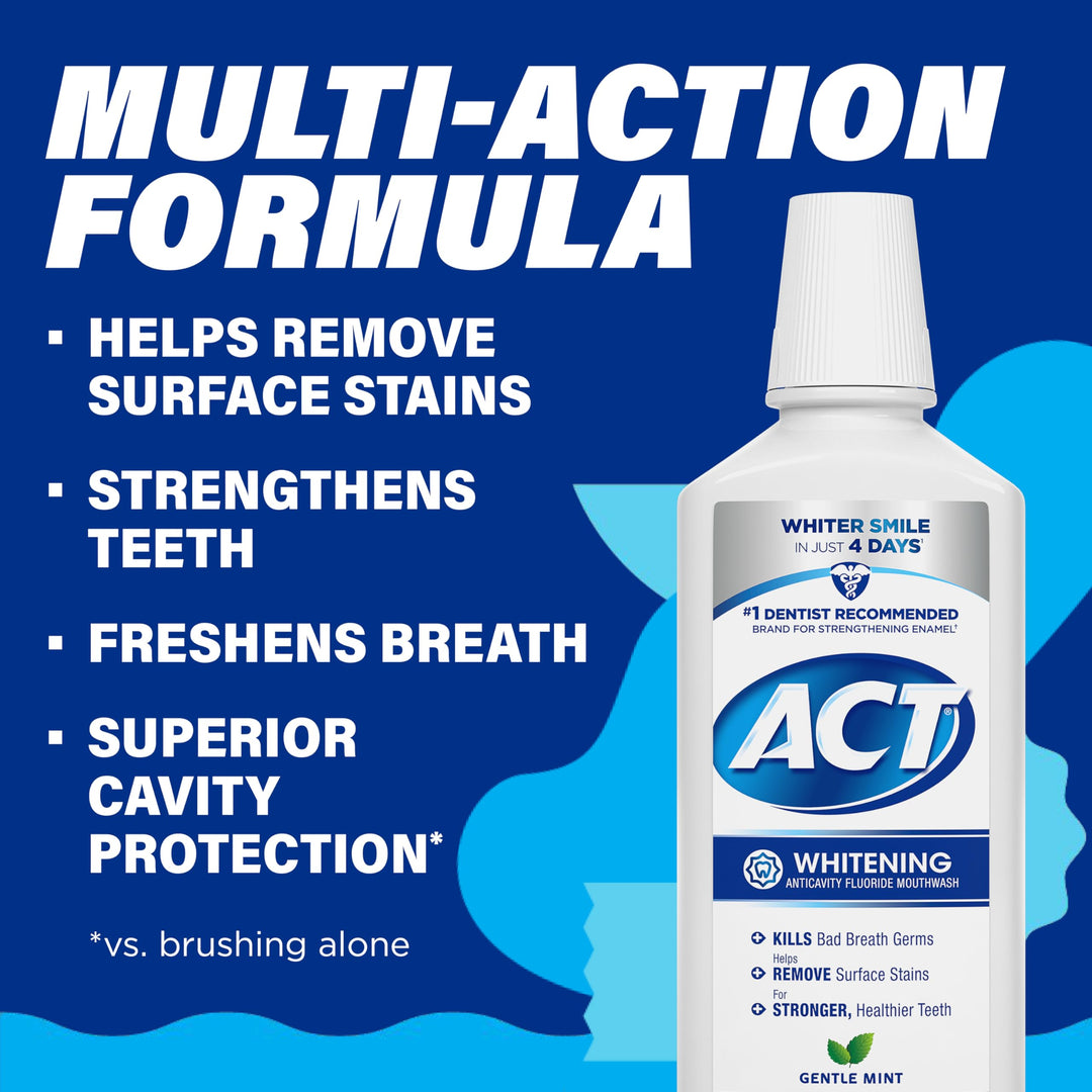 ACT Whitening + Anticavity Fluoride Mouthwash 16.9 fl. oz. With Zero Alcohol, Dye Free, Gentle Mint