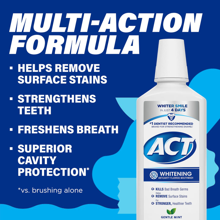 ACT Whitening + Anticavity Fluoride Mouthwash 16.9 fl. oz. With Zero Alcohol, Dye Free, Gentle Mint
