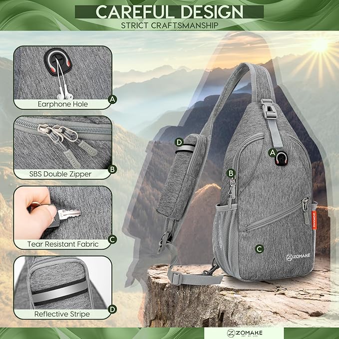 ZOMAKE Small Sling Bag, Travel Sling Backpack, Waterproof Hiking Cycling Crossbody pack for Men Women(New Black)