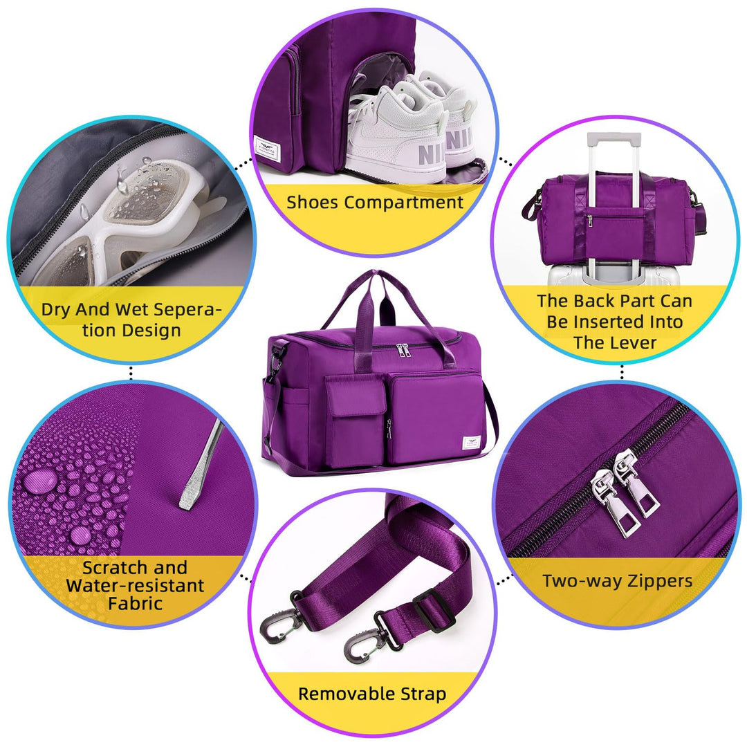 FIORETTO Women's Water-Resistant Gym Duffle Bag with Shoes Compartment, 37L Capacity, Multi-Functional, Ideal for Travel, Gym, Sports, Weekender, with Toiletry Bag, Violet
