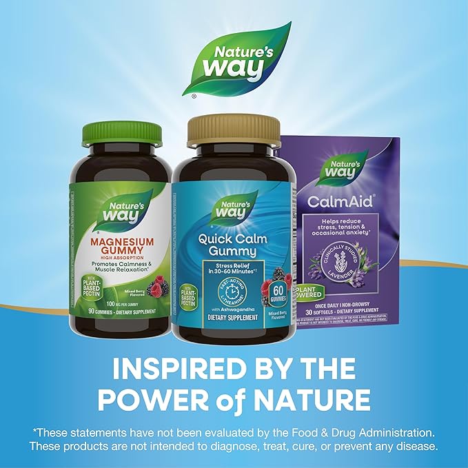 Nature's Way Quick Calm Gummies, L-Theanine for Relaxation*, Fast-Acting, Stress Relief from L-Theanine Within 30-60 minutes*, with Ashwagandha, Vegetarian, Mixed Berry Flavored,  60 Gummies
