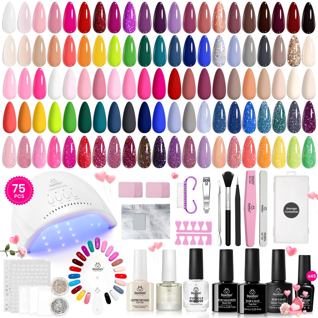 Beetles Gel Nail Polish Kit With U V Light-75Pcs Chic Outfits 45 Colors Gel Polish Starter Kit With 5Pcs Base Top Coat Manicure