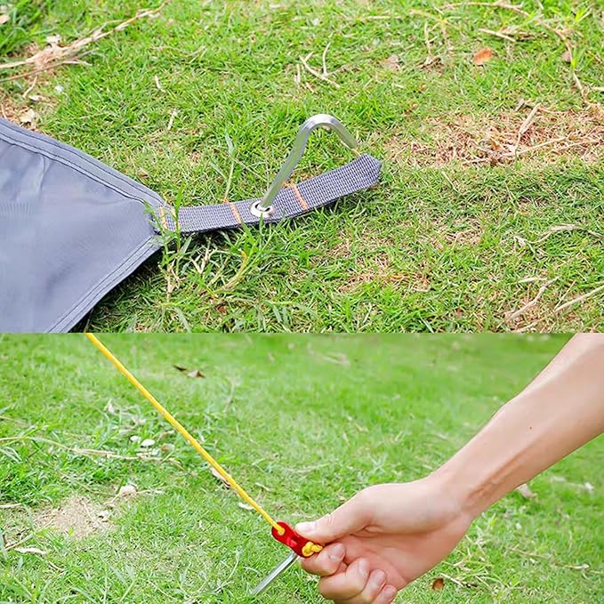 TRIWONDER Camping Tent Stakes Pegs Metal Stake for Ground with Reflective Guylines Guy Rope Adjusters Tensioner Hiking Backpacking (Orange - 4 Pack)