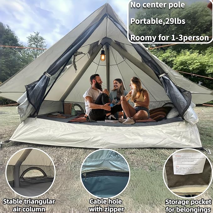 DANCHEL OUTDOOR B2I Waterproof Inflatable Camping Tent with Stove Jack for 1-3 Person, No Center Pole Portable Blow up Galmping Yurt with Pump, 300D Oxford Polyester Bell Tent Hiking, 29lbs, 3m