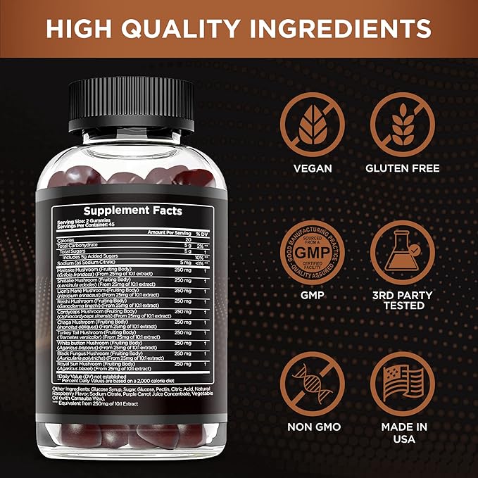 Mushroom Gummies 2500mg | 10 Blend w/Lions Mane, Reishi, Chaga, Cordyceps & More | Focus, Memory, Immunity, Energy | Natural Berry Flavor Supplement | Vegan, Made in USA (90ct)