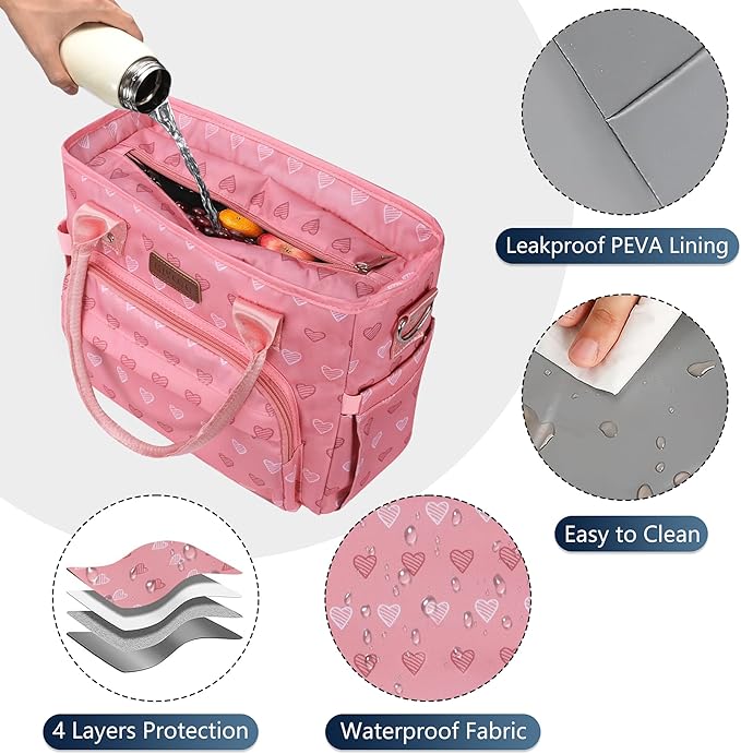 Lunch Bag Lunch Box Women - Leakproof Insulated Lunch Cooler Bag for Women - Large Lunch Tote Bags Adults, Pink Heart