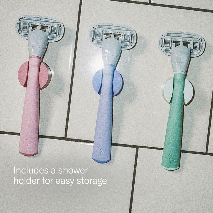 Flamingo Razors for Women, 1 Women's Razor Handle Rose), 4 Razor Five-Blade Refills, and 1 Shower Holder