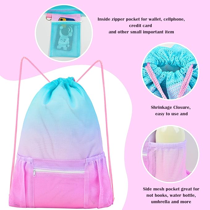 Fiodrimy Mesh Drawstring Backpack Bag Beach Bag with Zipper Pocket Gym Backpack Bag for Swimming Gear Gym Storage Bag for Adult Kids (Pink)