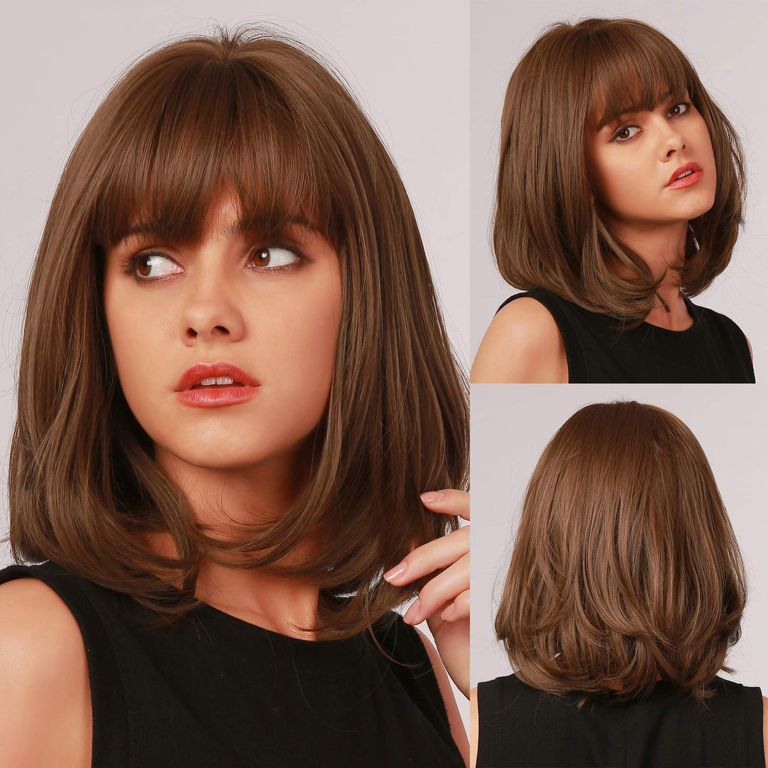 Emmor Brown Bob Wig For Women Natural Hair Synthetic Wigs With Bang High Heat Resistant Wig