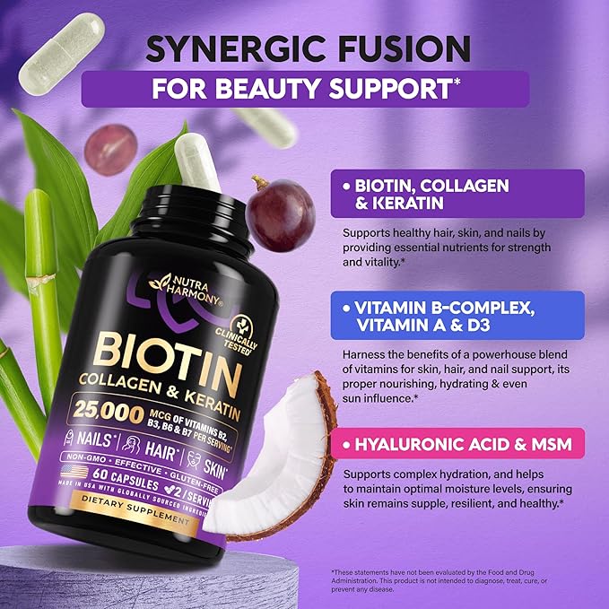 Biotin | Collagen | Keratin - Clinically Tested Supplement - Hair Growth Support, Skin & Nails - 25000 mcg Vitamins B2, B3, B6 & B7 + B1 & Hyaluronic Acid - Made in USA - Women & Men | 60 Capsules