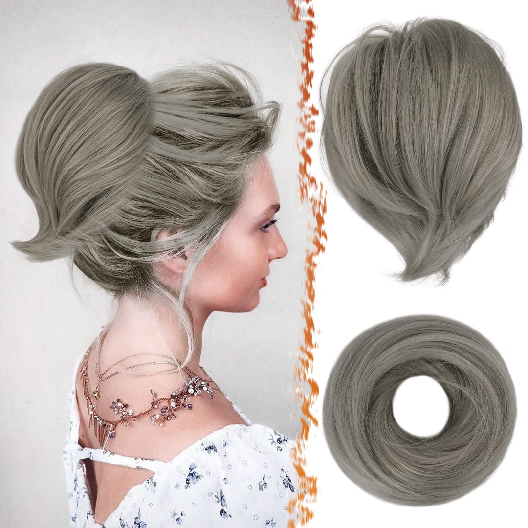 BARSDAR Gray Hair Bun Extensions - Straight Synthetic Fully Short Ponytail Bun Hair Extensions for Women - Elastic Messy Bun Hairpieces Hair Scrunchies Daily - Dark Gray