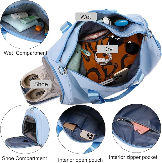 Duffel Bag for Girls Dance Ballet Sports Gym Bag Water Resistant Yoga Travel Bags with Shoes Compartment（Blue）