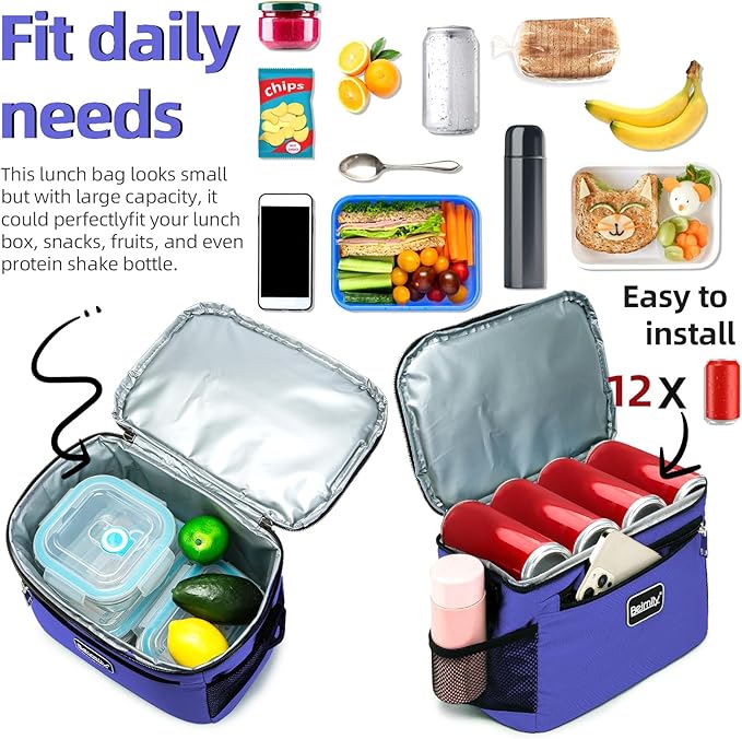 BEIMILY Lunch Box for Men/Women,Small Insulated Lunch Bag,Reusable LunchBox for work Picnic Hiking Beach,Leakproof Soft Cooler Tote Bag Organizer with Adjustable Shoulder Strap for Adults(Purple)