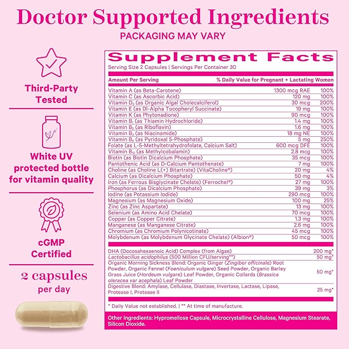 Pink Stork Premium Prenatal Vitamin for Women - Multivitamin & Probiotics - Morning Sickness, Digestion, & Energy - Folate, B6, & Iron - 60 Capsules - 2 Pack