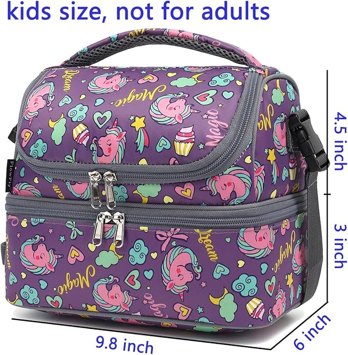 FlowFly Double Decker Cooler Insulated Lunch Bag Large Tote for Boys, Girls, Men, Women, With Adjustable Strap (Purple-Unicorn)