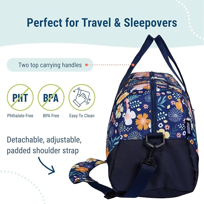 Wildkin Kids Overnighter Duffel Bag – Carry-On Size, Ideal for School & Sleepovers – Wildflower Bloom
