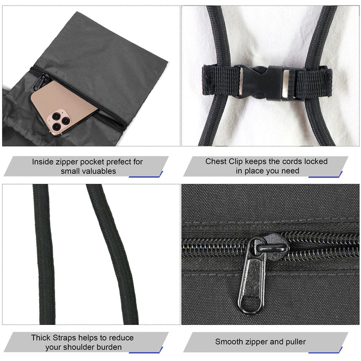 BeeGreen Black-Drawstring-Backpack-Gym-Bag with Front Zipper Pocket and Inner Pocket, Large 18.5" L x 13.8" W String Sackpack Cinch Sack Sports Workout Bag For Men Women