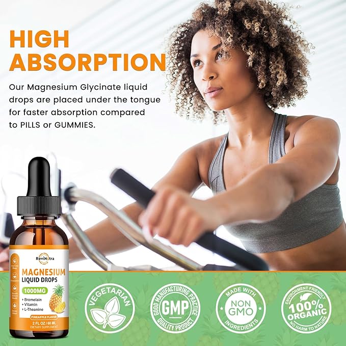 Magnesium Glycinate Liquid Drops, 1000mg of Magnesium Glycinate, Citrate & Threonate for Sleep, Nerve, Energy, Muscle, Bone, Calm & Digestion, High Absorption, 2 Fl Oz, Sugar-Free Pineapple Flavor