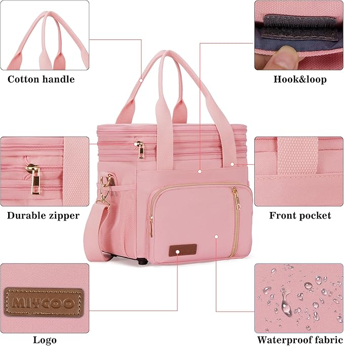 MIYCOO Lunch Bag & Lunch Box for Women Men Double Deck - Leakproof Insulated Soft Large Lunch Cooler Bag, Pink,15L