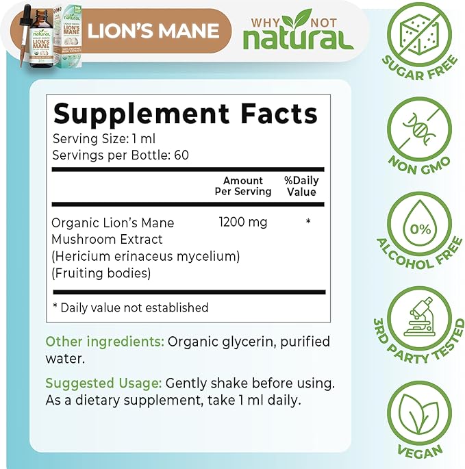 Why Not Natural Organic Lions Mane Liquid Extract Mushroom Supplement Tincture
