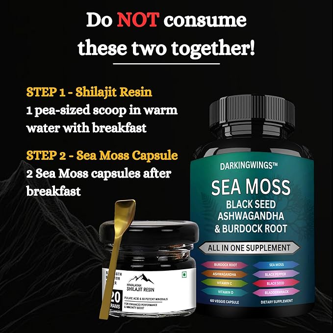 Sea Moss & Shilajit Vitality Bundle - Shilajit 500mg, Sea Moss 3000mg, Black Seed Oil 2000mg, Ashwagandha 1000mg, Burdock root & Bladderwrack for Men & Women All in 1 Supplement - 30 days Capsule