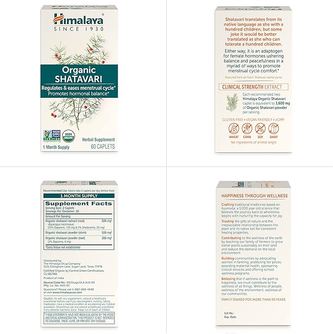 Himalaya Organic Shatavari for PMS, Menstrual Cramp Relief, Menopause Support, and Women's Health, 1,300 mg, 60 Caplets, 2 Month Supply, 2 Pack