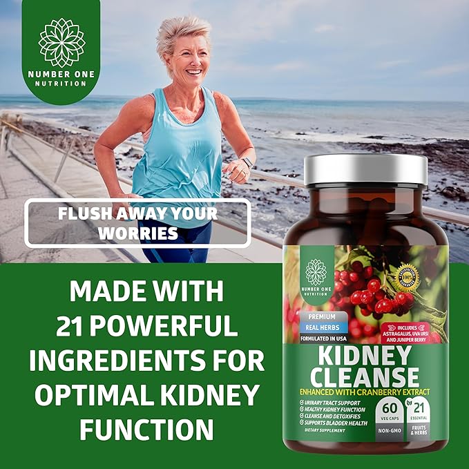 N1N Premium Kidney Cleanse [21 Potent Herbs] for Urinary Tract & Bladder Control, Natural Kidney Support with Cranberry Extract, Astragalus and Uva Ursi Leaf, 60 Veg Caps