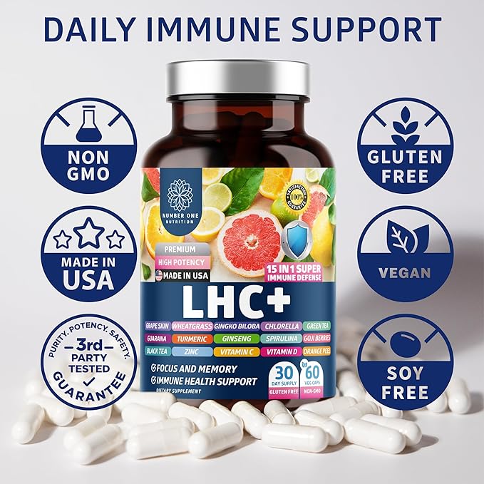 N1N LHC+ 15-in-1 Immune Support Supplement with Spirulina, Turmeric, Ginseng, Guarana, Vitamin D and Vitamin C for Immunity, Energy and Long-Haul Relief, 60 Veg Caps, Bottle Color May Vary