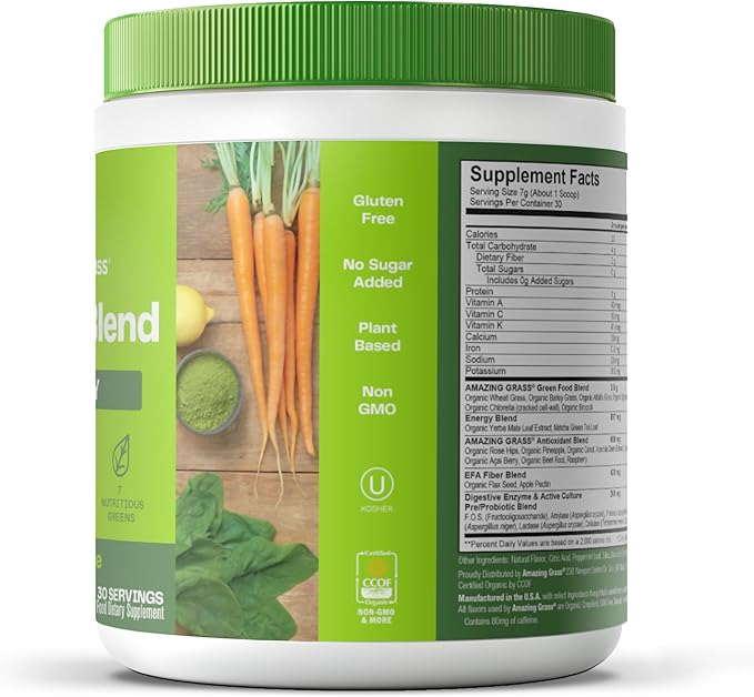 Amazing Grass Greens Blend Energy: Smoothie Mix, Super Greens Powder & Plant Based Caffeine with Matcha Green Tea & Beet Root Powder, Lemon Lime, 30 Servings (Packaging May Vary)