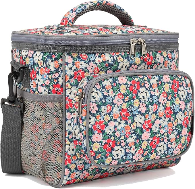 FlowFly Insulated Reusable Lunch Bag Adult Large Lunch Box for Women and Men with Adjustable Shoulder Strap,Front Zipper Pocket and Dual Large Mesh Side Pockets,Floral