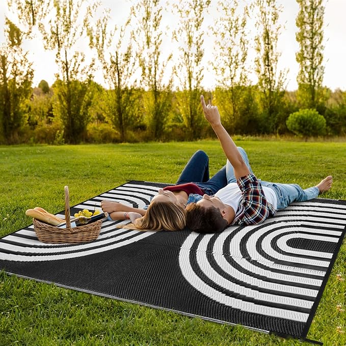 Anidaroel Outdoor Area Rug for Patio Clearance 8x10ft Waterproof, Reversible Plastic Straw Rug Outside Rug, RV Mat for Camping, Porch, Balcony, Pool Deck(Black&White, 8‘x10')