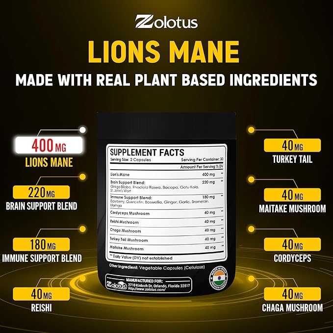 Zolotus Lions Mane Mushroom Capsules with Cordeyceps, Elderberry, Ginkgo Biloba, Bacopa - 60 Capsules