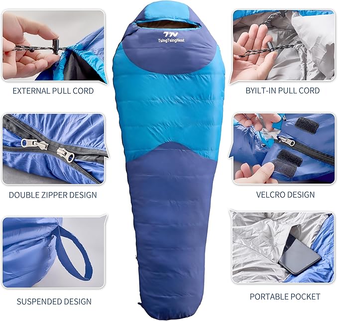 Backpacking Sleeping Bag 3 Season 20F Fill 21 Ounces of Duck Down 650Fill Power Duck Down Sleeping Bag Ultralight Camping Gear Equipment Traveling Campers and Outdoors