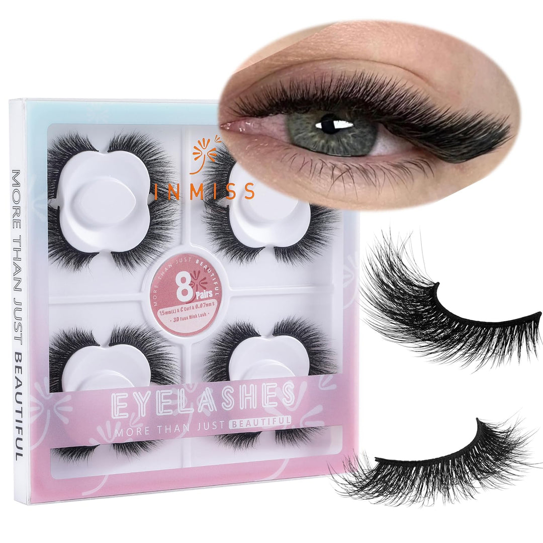Inmiss Angel Wing Lashes 3D Faux Mink Cruelty Free Dramatic Cateye Fox Eye Lashes Wispy 15mm Thick Full Volume Fluffy Luex Lashes Pack 8 Pairs